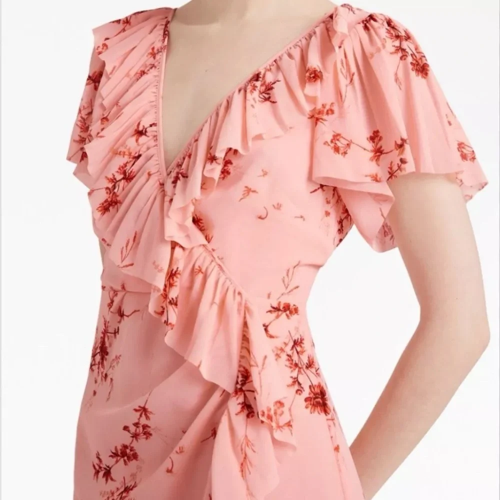 Cinq a Sept Fleur Sheila Faux Wrap dress. pale roseFloral Pink Ruffle Wrap Dress - Picture 4 of 15